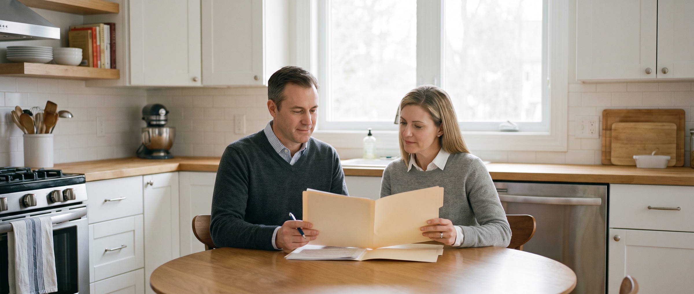 A couple at their kitchen table reading through papers together, with mugs of coffee.