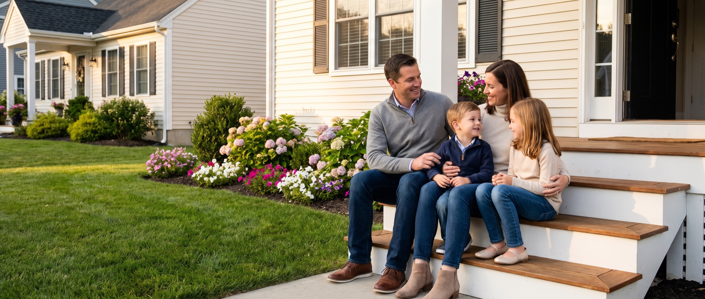 Parents and two children sitting together on their front porch steps.