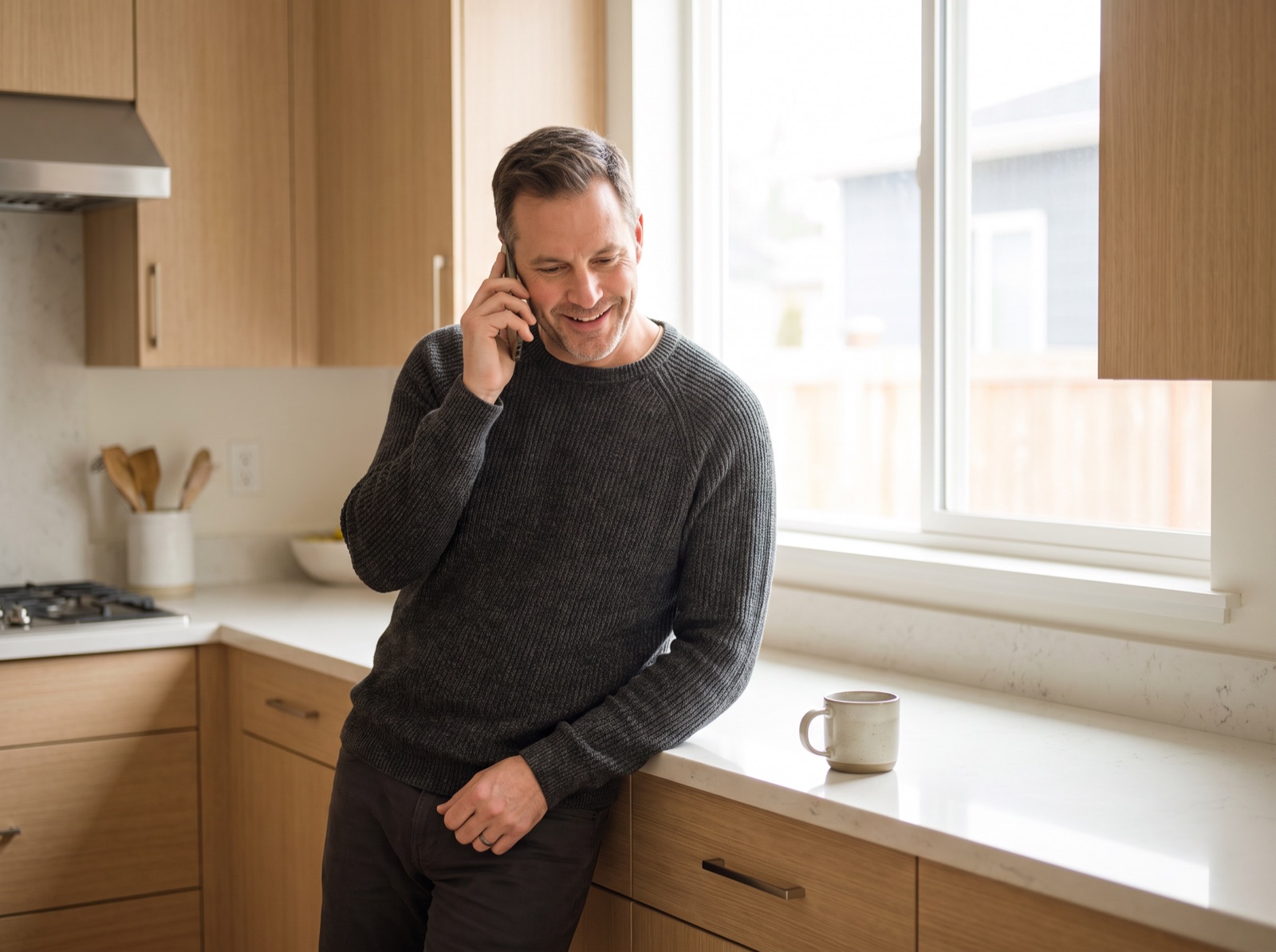 A man leaning on his kitchen counter, talking on the phone.