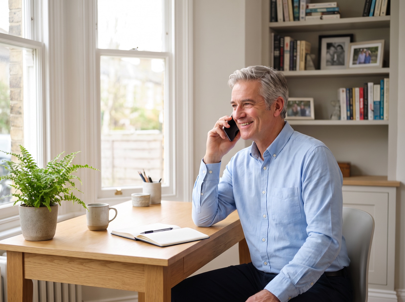 A man in his fifties at his desk on a phone call, smiling, with a notebook beside him.