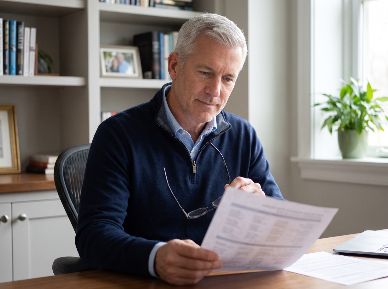 A man in his fifties at his desk in a home study, reading a printed document.